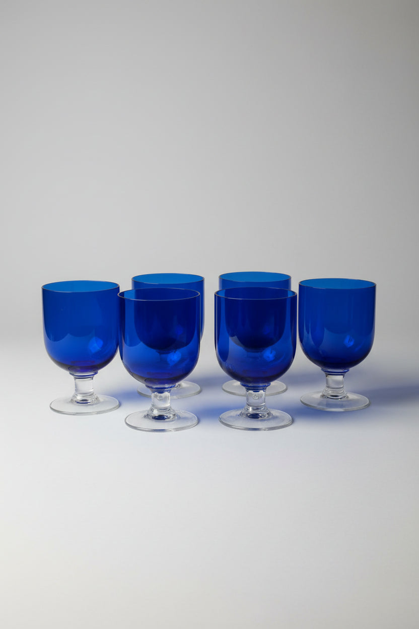 Set of 6 blue handblown glass goblets