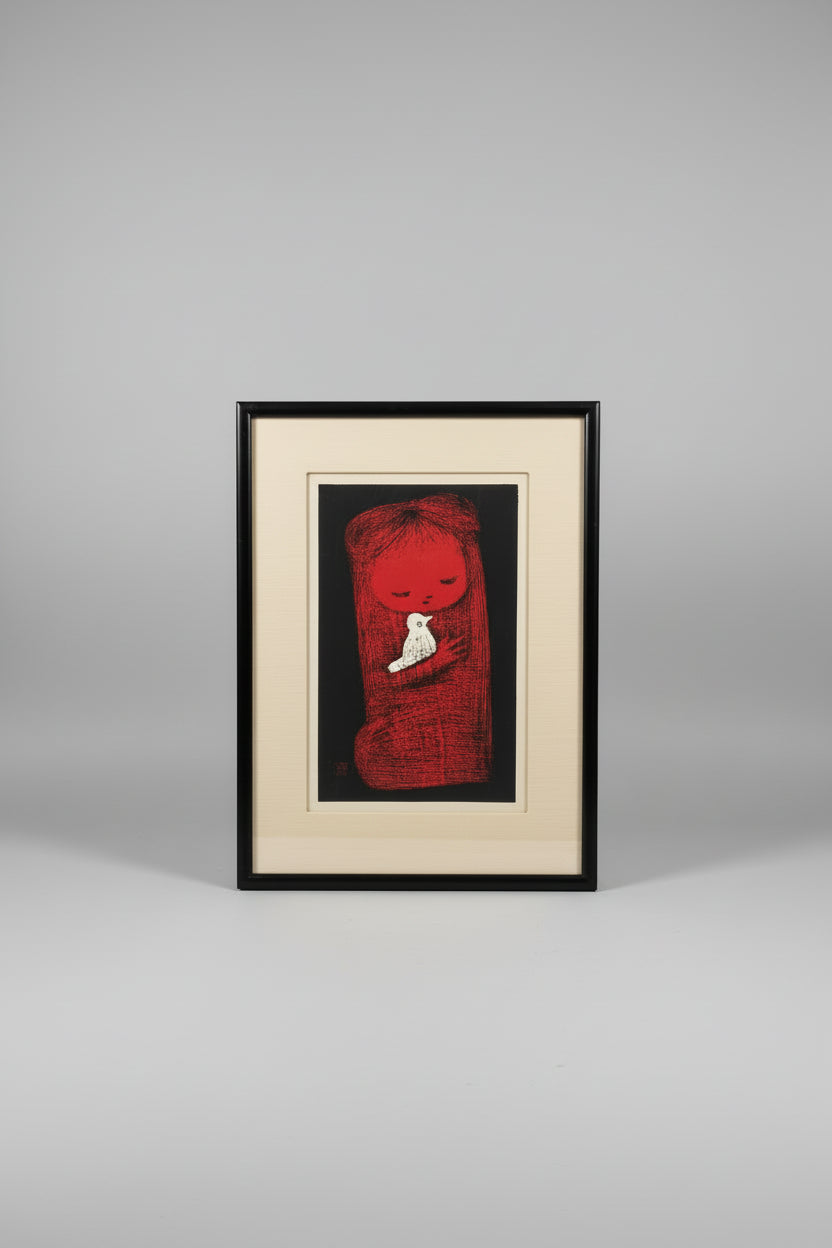 Kaoru Kawano Woodblock Print "Girl with Bird"