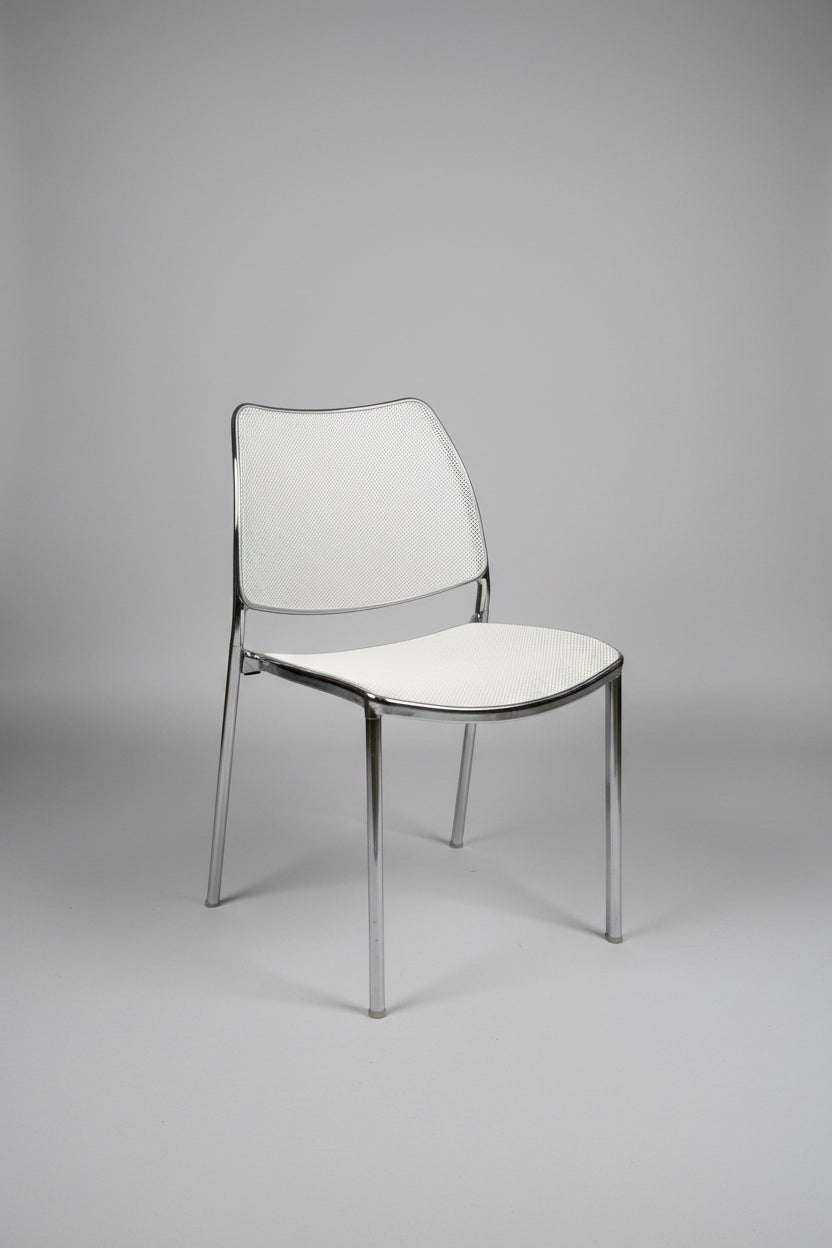 Mid-Century Modern Chrome Stacking Chair with Perforated White Mesh Seat