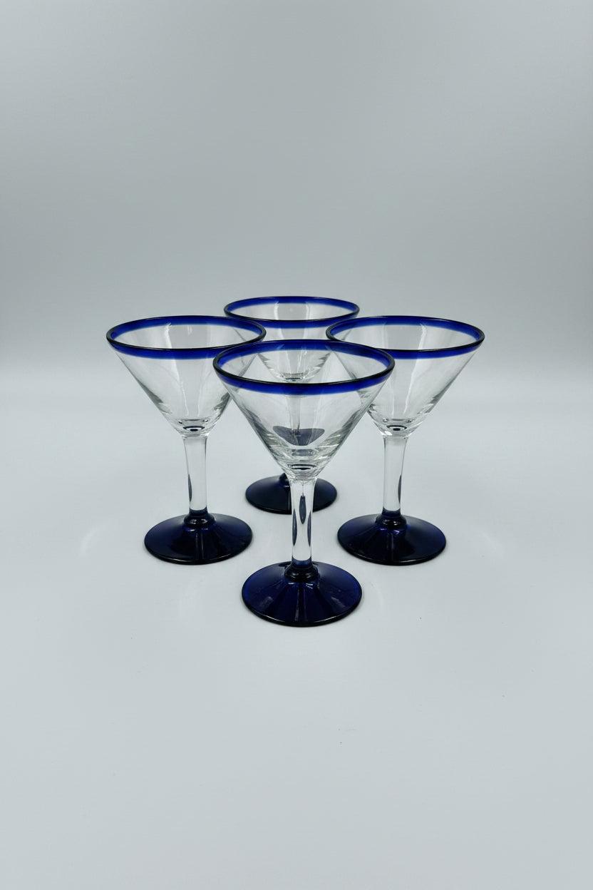 Set of 6 Cobalt Blue Rim Hand Blown Martini Glasses