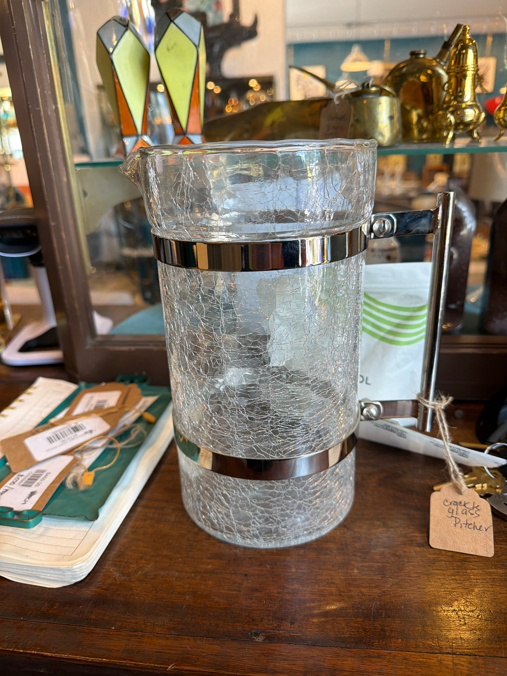 Crackle Glass Pitcher with Chrome Band