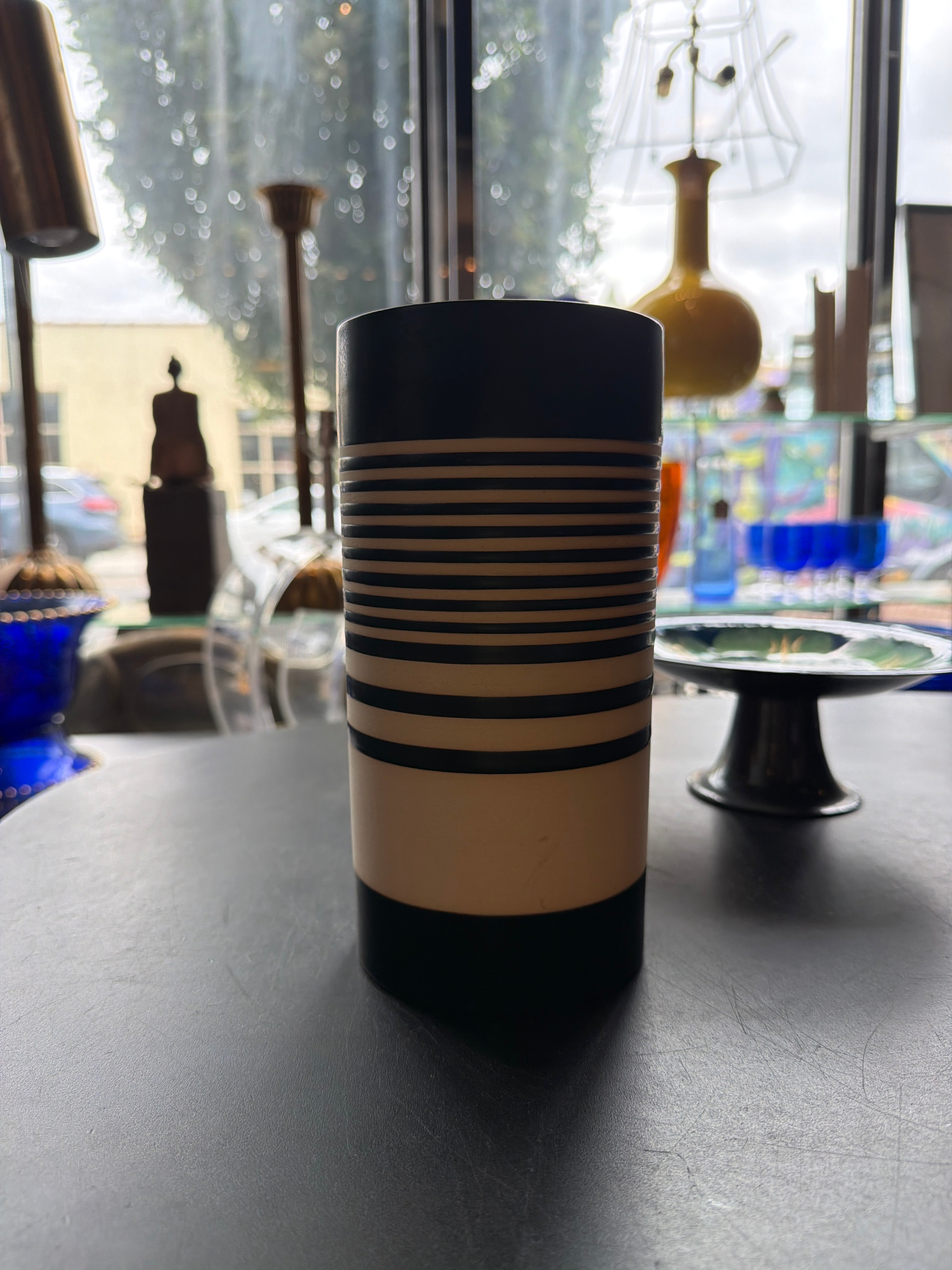 Striped Ceramic Vessel with Contrasting Band Details