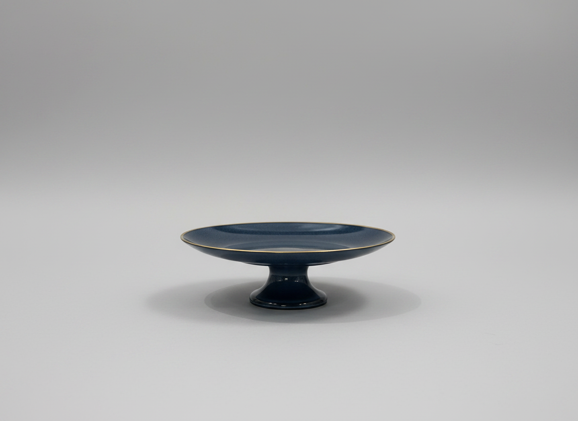 Blue Enameled Cake Stand with Gold Rim