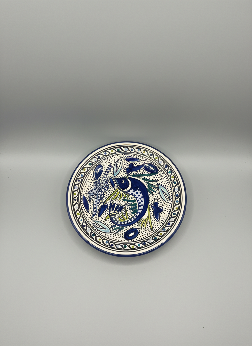 Hand-Painted Indigo & Chartreuse Ceramic Dinner Plate