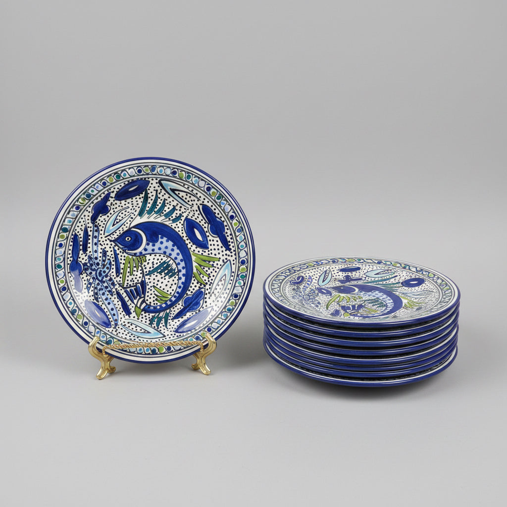 Hand-Painted Indigo & Chartreuse Ceramic Dinner Plate