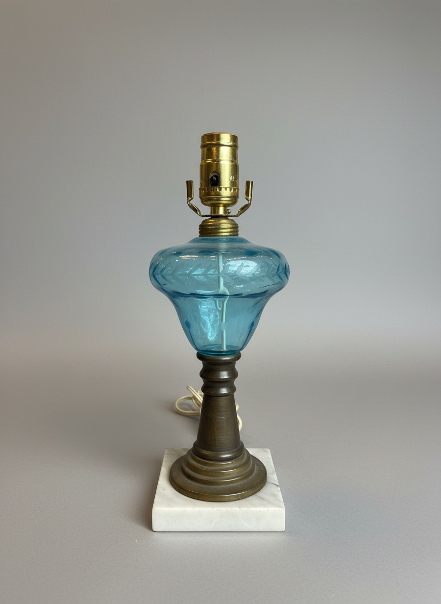 Vintage Blue Glass Table Lamp with Brass/Marble Bade