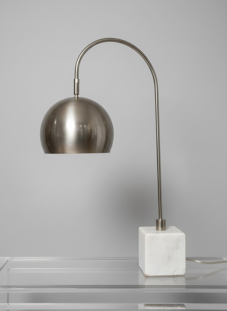 Satin Nickel and White Marble Arc Desk Lamp