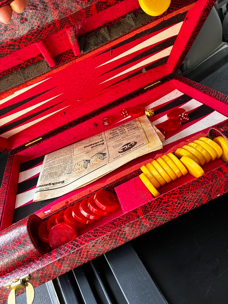 MCM Red "Snake Skin" Retro Backgammon Set.  Bakelite  Game Pieces