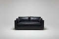 A black leather loveseat sofa with two back cushions and matching armrests, photographed in a room with a light-colored wall, carpet, a side table with a lamp on the left, and another lamp on the right.