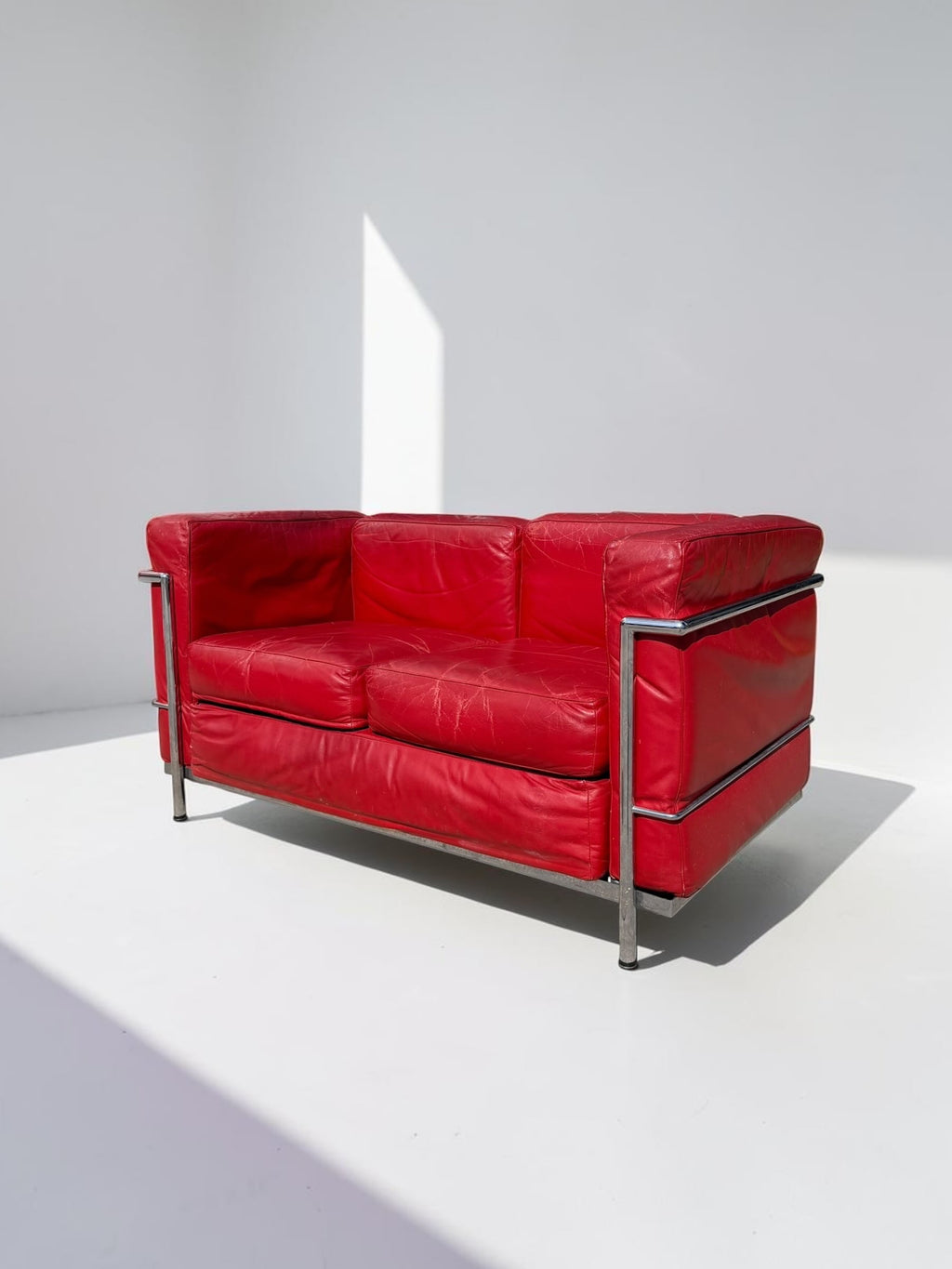 Red Leather LC2 Loveseat Le Corbusier for Alivar