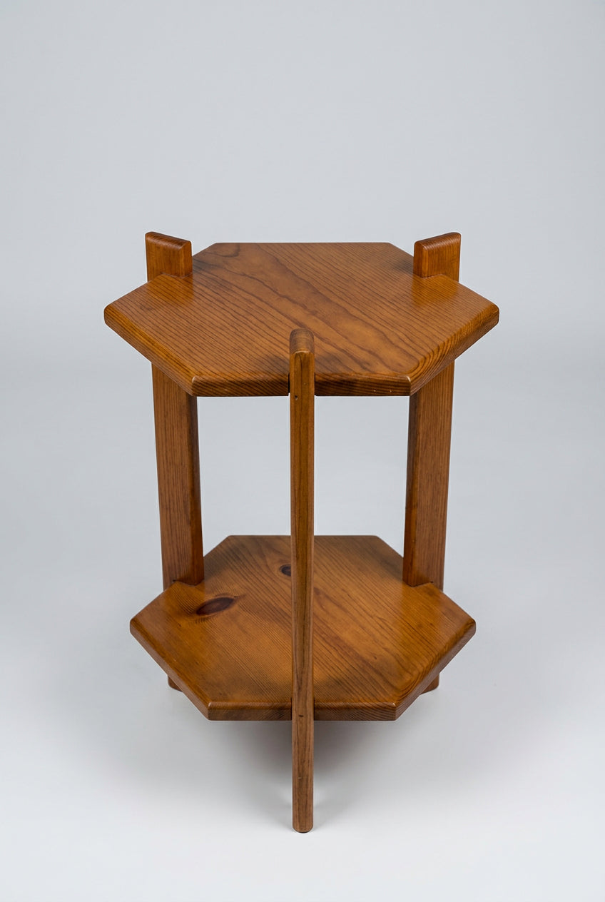 Vintage two-tier hexagonal wooden side table