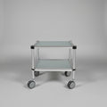 DWR Industrial Glass and Alluminum Side Table on wheels