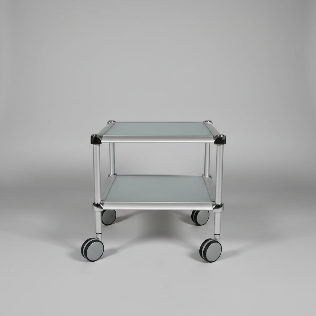 DWR Industrial Glass and Alluminum Side Table on wheels