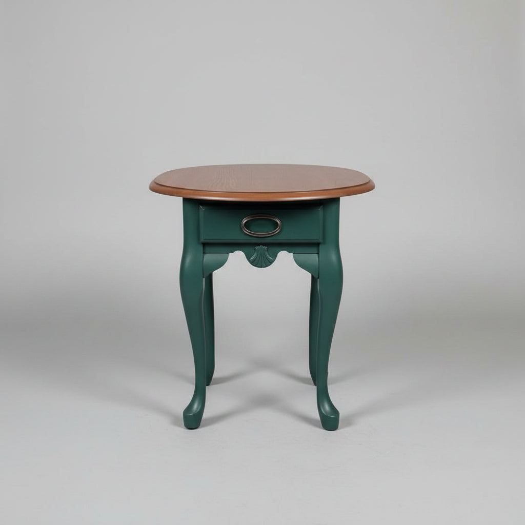 Pair of Oval Side Tables in Forest Green & Oak. 22" H x 22" W x 26" D