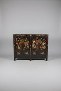 Asian Black Lacquered Cabinet with Chinoiserie 48 x 32 x 15