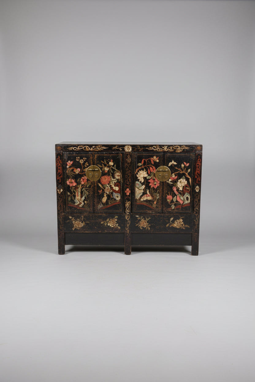 Asian Black Lacquered Cabinet with Chinoiserie 48 x 32 x 15