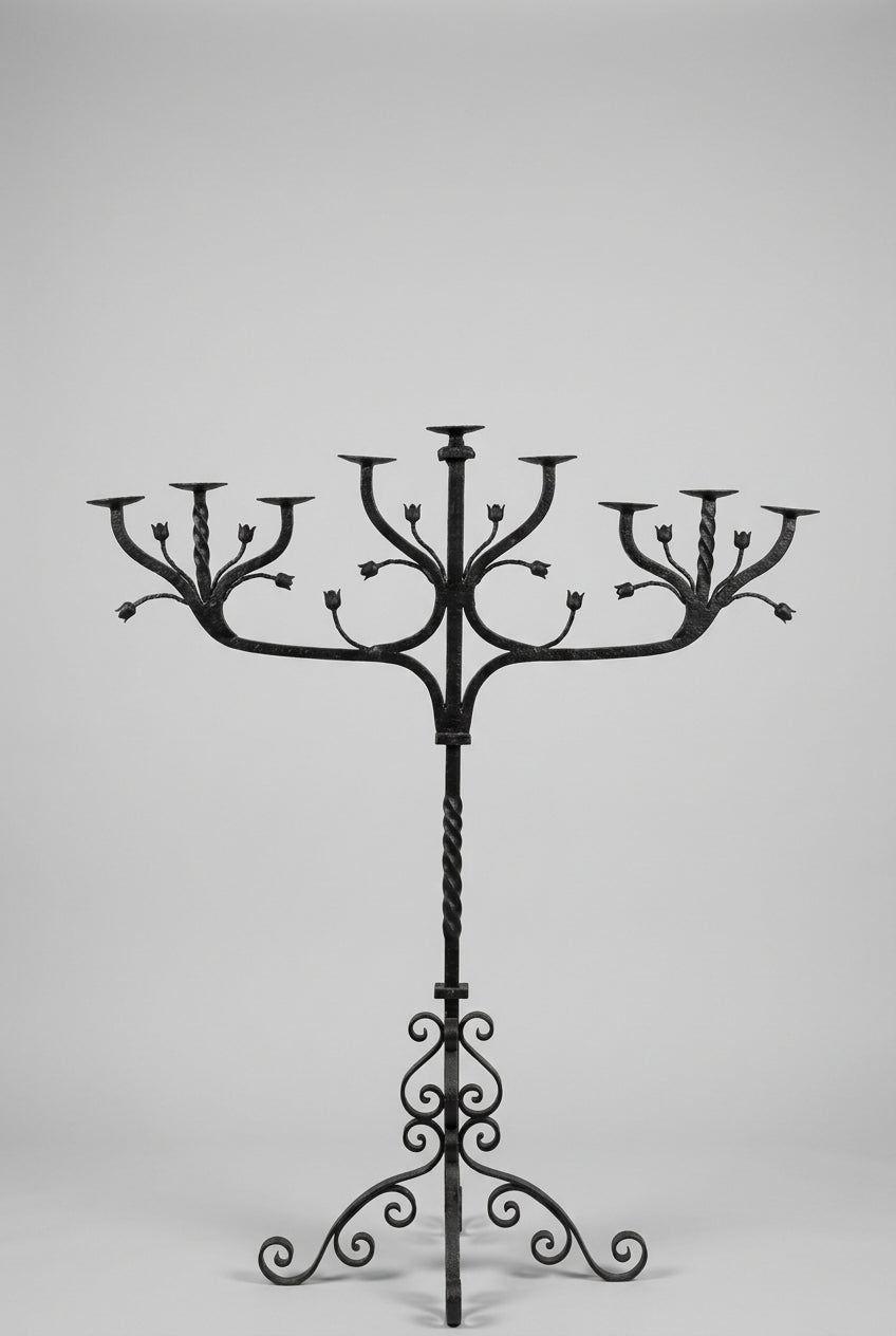 Vintage Spanish Revival style floor-standing wrought iron candelabra 70" tall