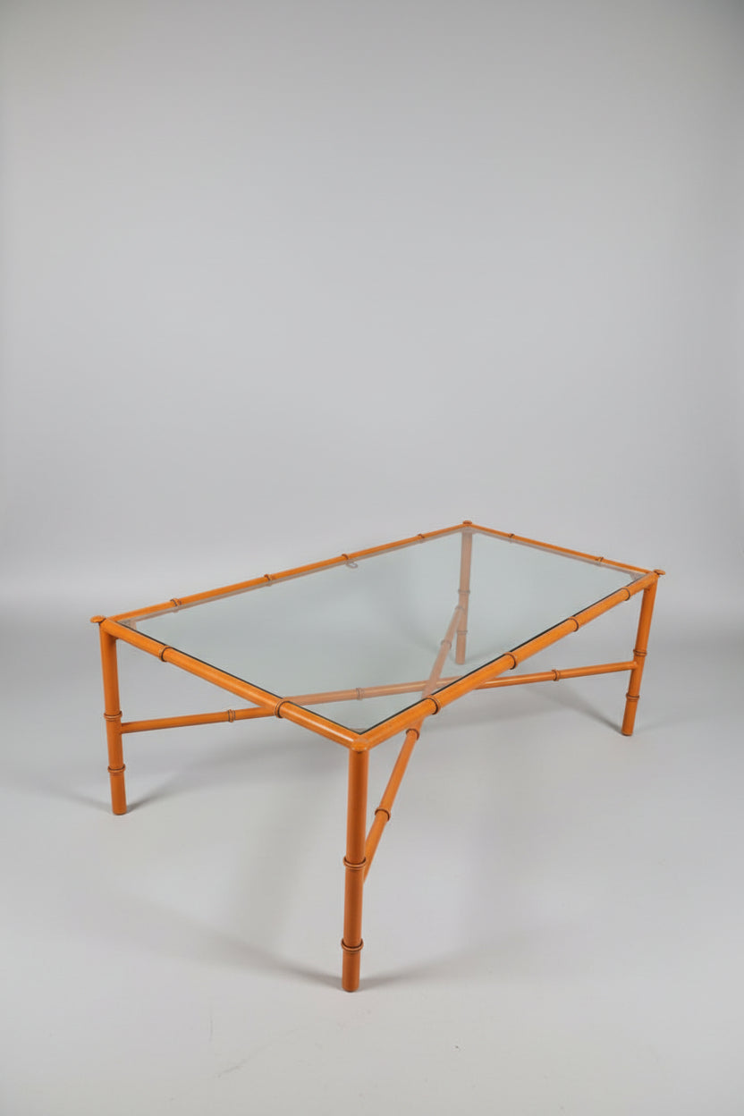 Circa 1960 Orange Metal "Bamboo" & Glass Coffee Table
