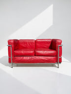 Red Leather LC2 Loveseat Le Corbusier for Alivar