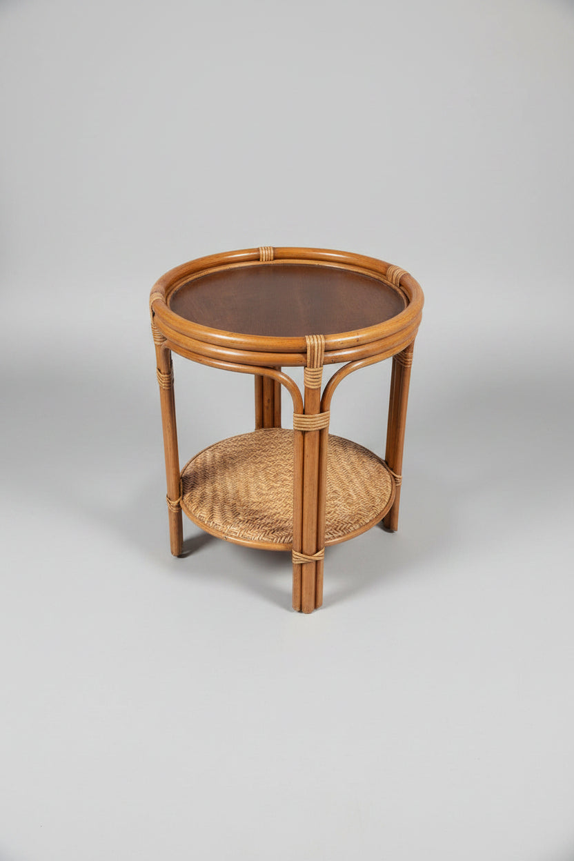 Vintage Rattan and Bamboo side table 20" D x 20" H