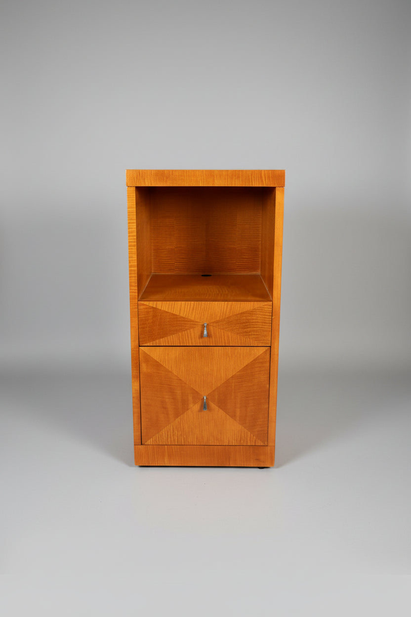 Baker Archetype Chest made from Tiger Maple on wheels