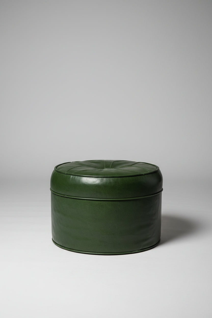 Green Leather Button Tuft 70's Ottoman
