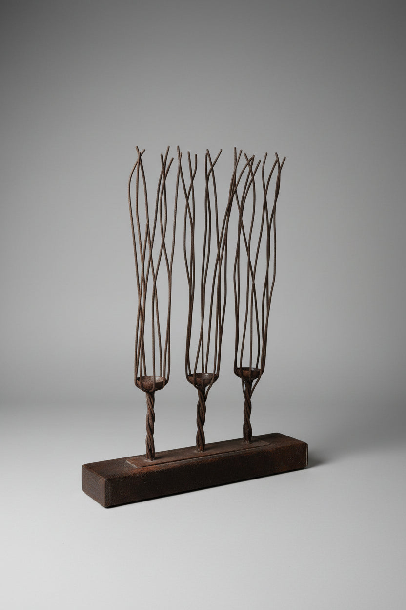 Brutalist Hair-On-Hide Brass Iron Candelabra