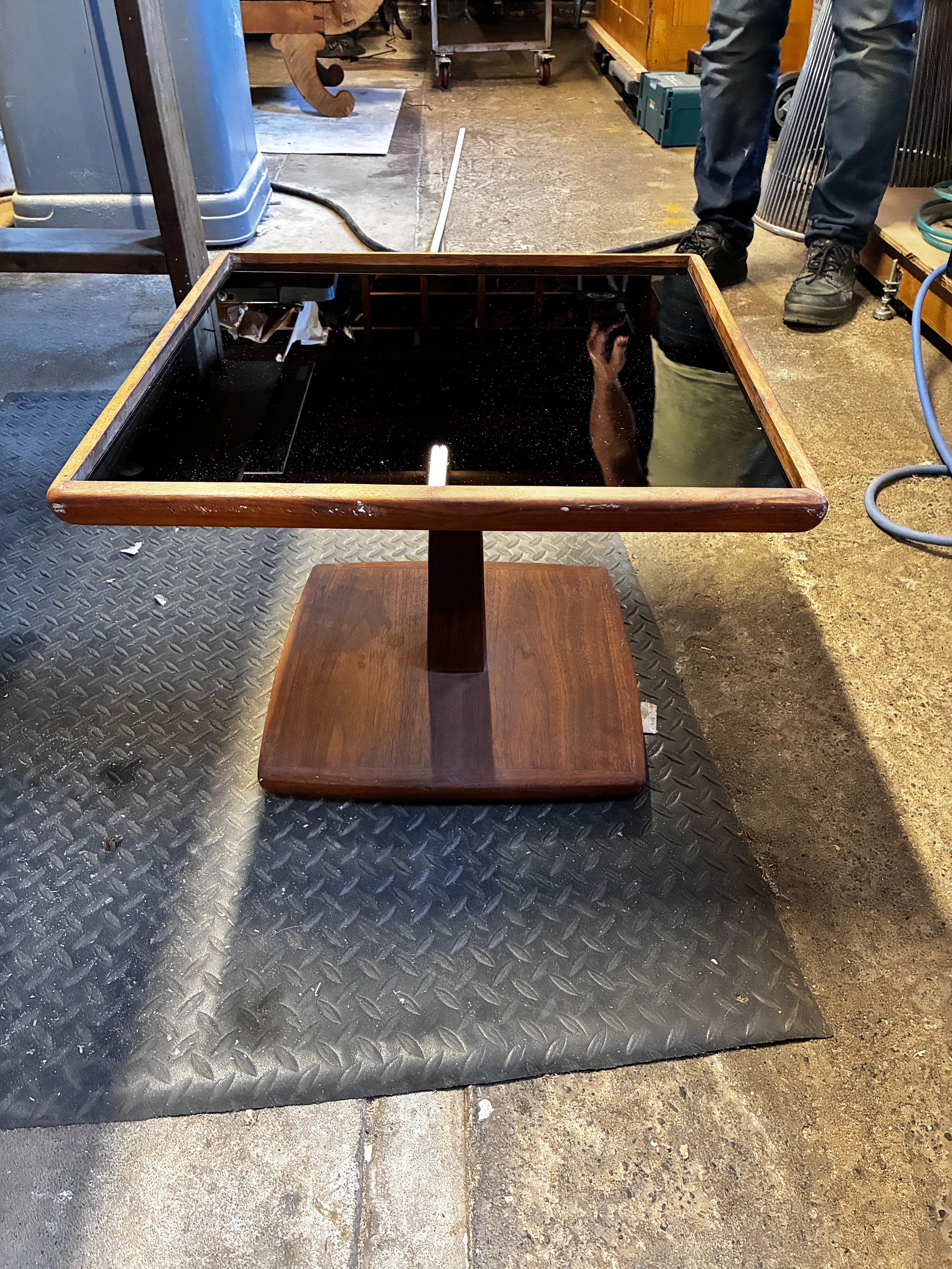 Jens Risom Smoked Glass & Walnut Side Tables.  20 x 20 x 16