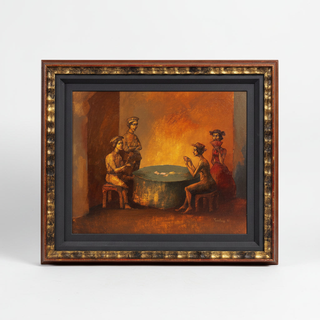 The Game an original oil on canvas by XXXX with ornate gold frame