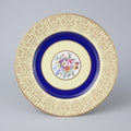 Vintage "Pareek" pattern China set of 13 Dinner Plates from England, featuring a distinct cobalt blue band and gold filigree.