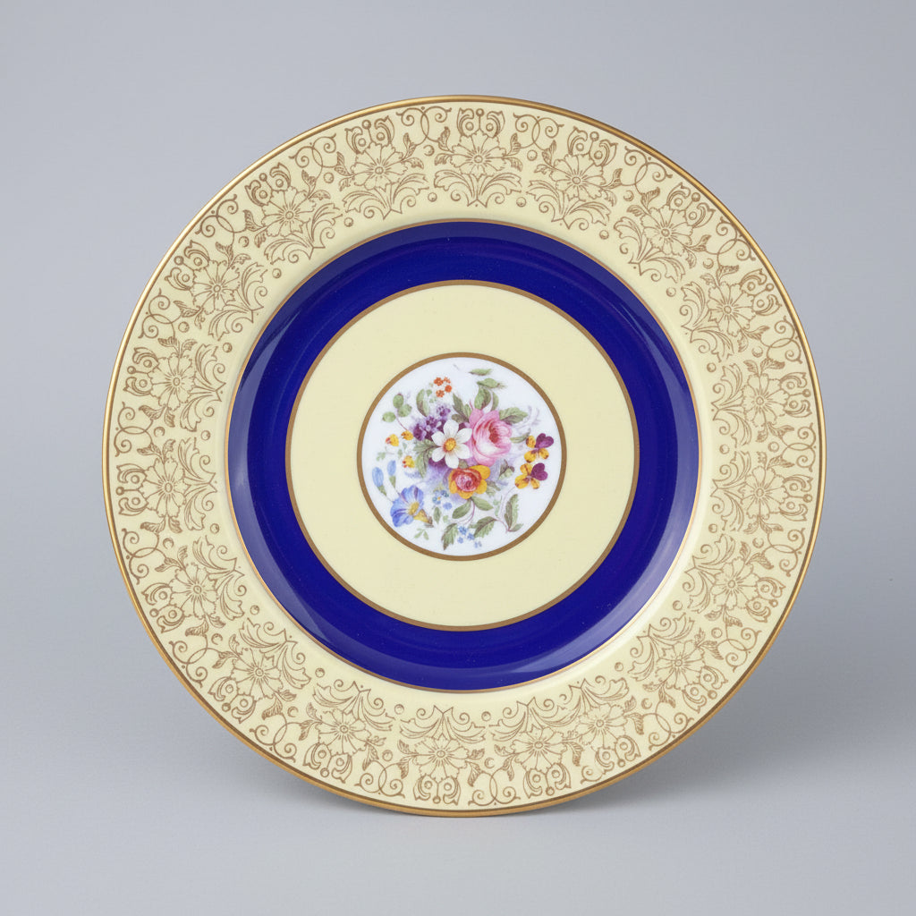 Vintage "Pareek" pattern China set of 13 Dinner Plates from England, featuring a distinct cobalt blue band and gold filigree.
