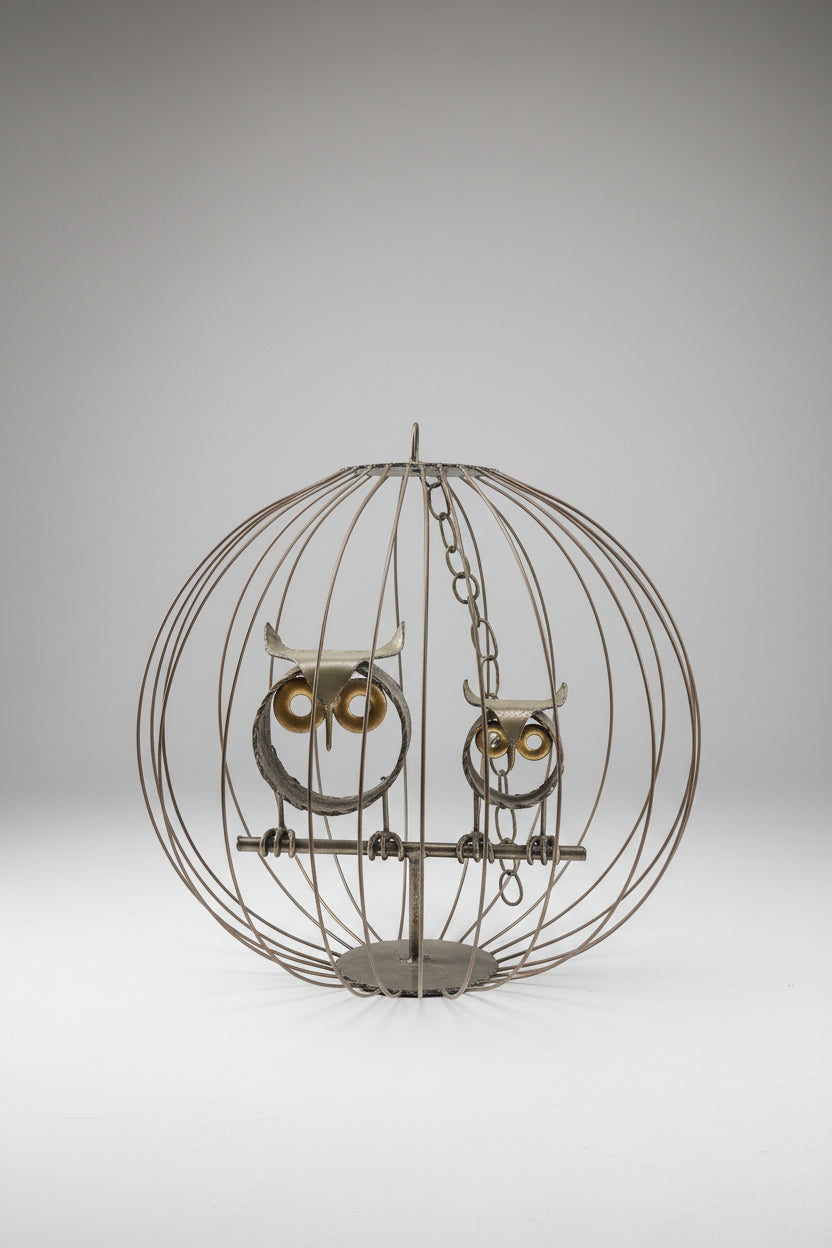 Owl & Baby Metal Brutalist Hanging Sculpture
