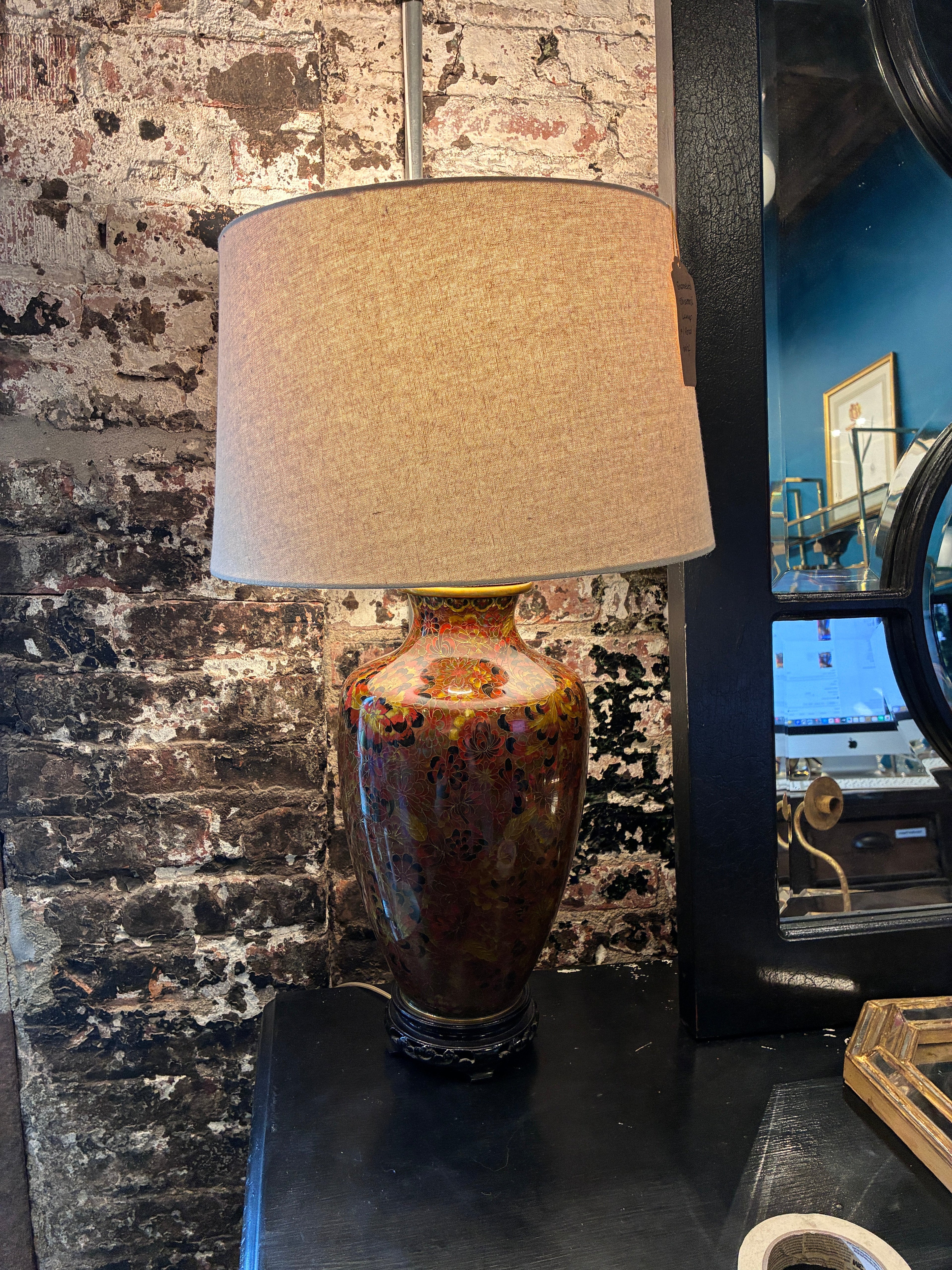 Enameled Cloisonné Lamp with Floral Motif on Brass 28"H