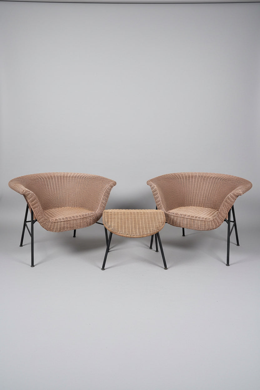 Set of Cb2 Outdoor Lounge Chairs with Ottoman