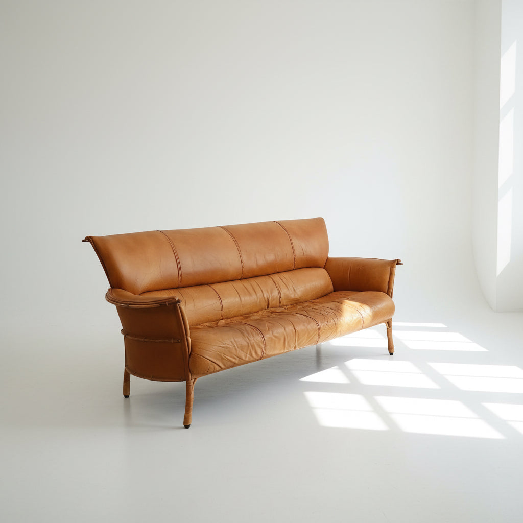 Pacific Green "Navajo" Sofa in Cognac Leather & Palmwood