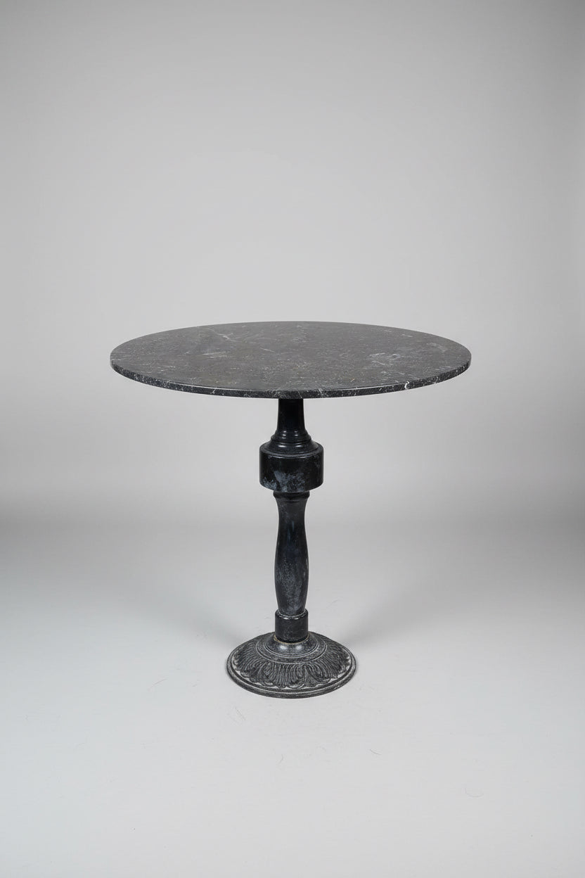 Black Marble High Top Table Turned Wood & Cast Iron Base 34"D x 29" H