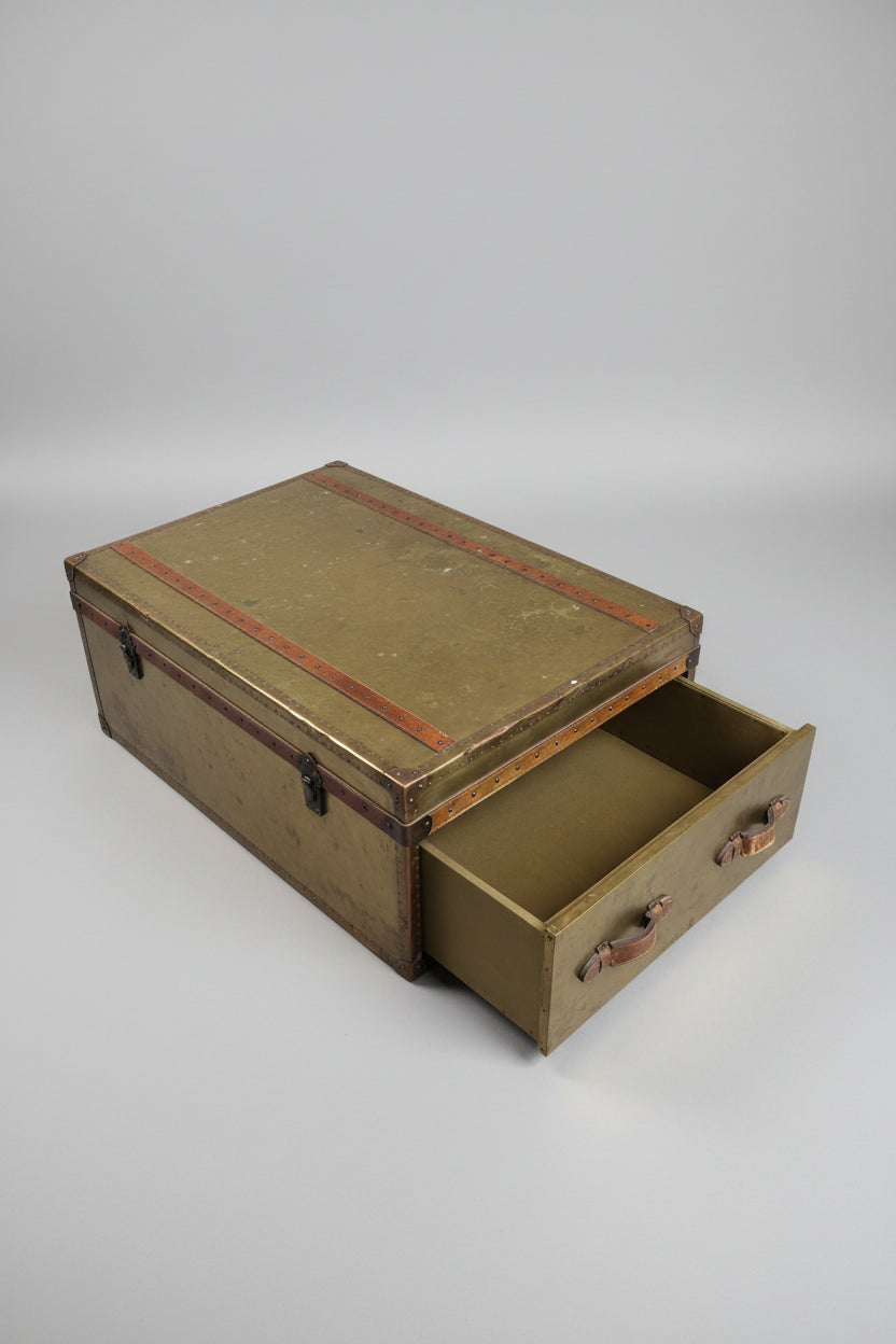 Vintage RH Brass Nailhead Two Drawer Steamer Trunk Table