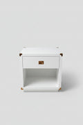 White Lacquer Night Stands with Brass Trim