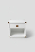White Lacquer Night Stands with Brass Trim