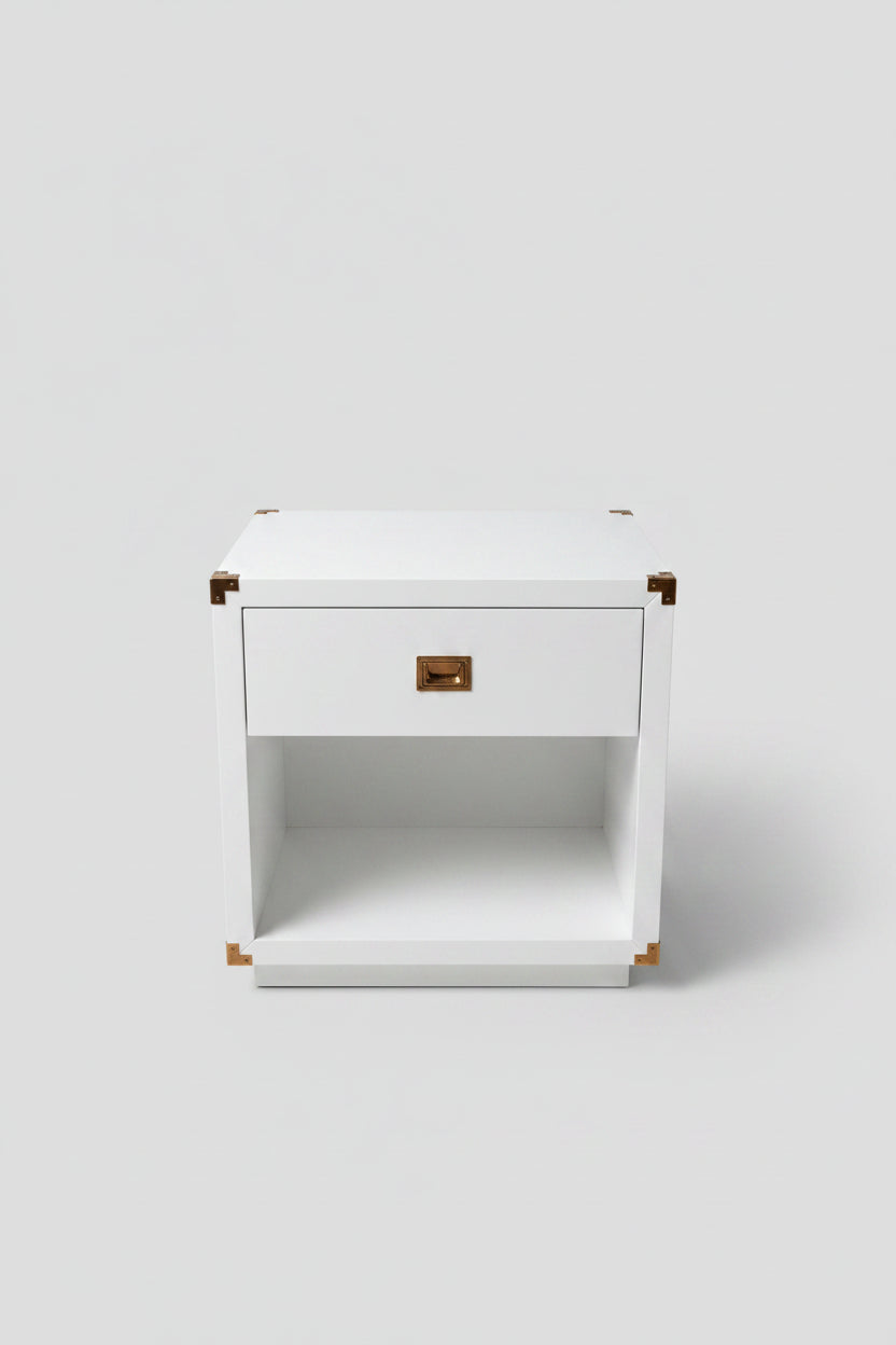 White Lacquer Night Stands with Brass Trim