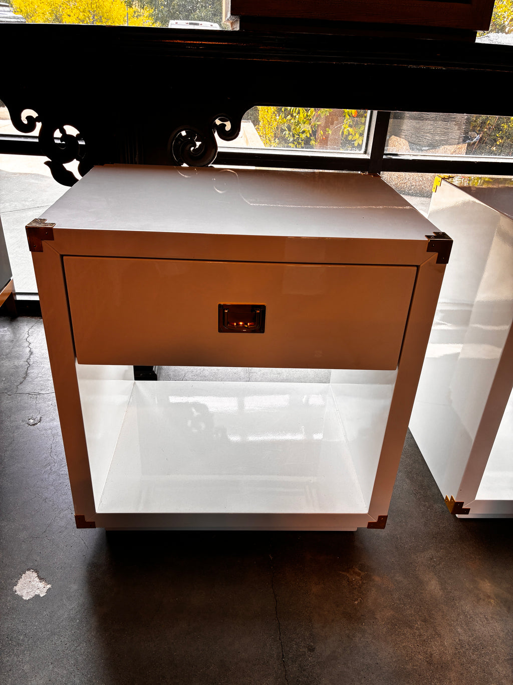 White Lacquer Night Stands with Brass Trim