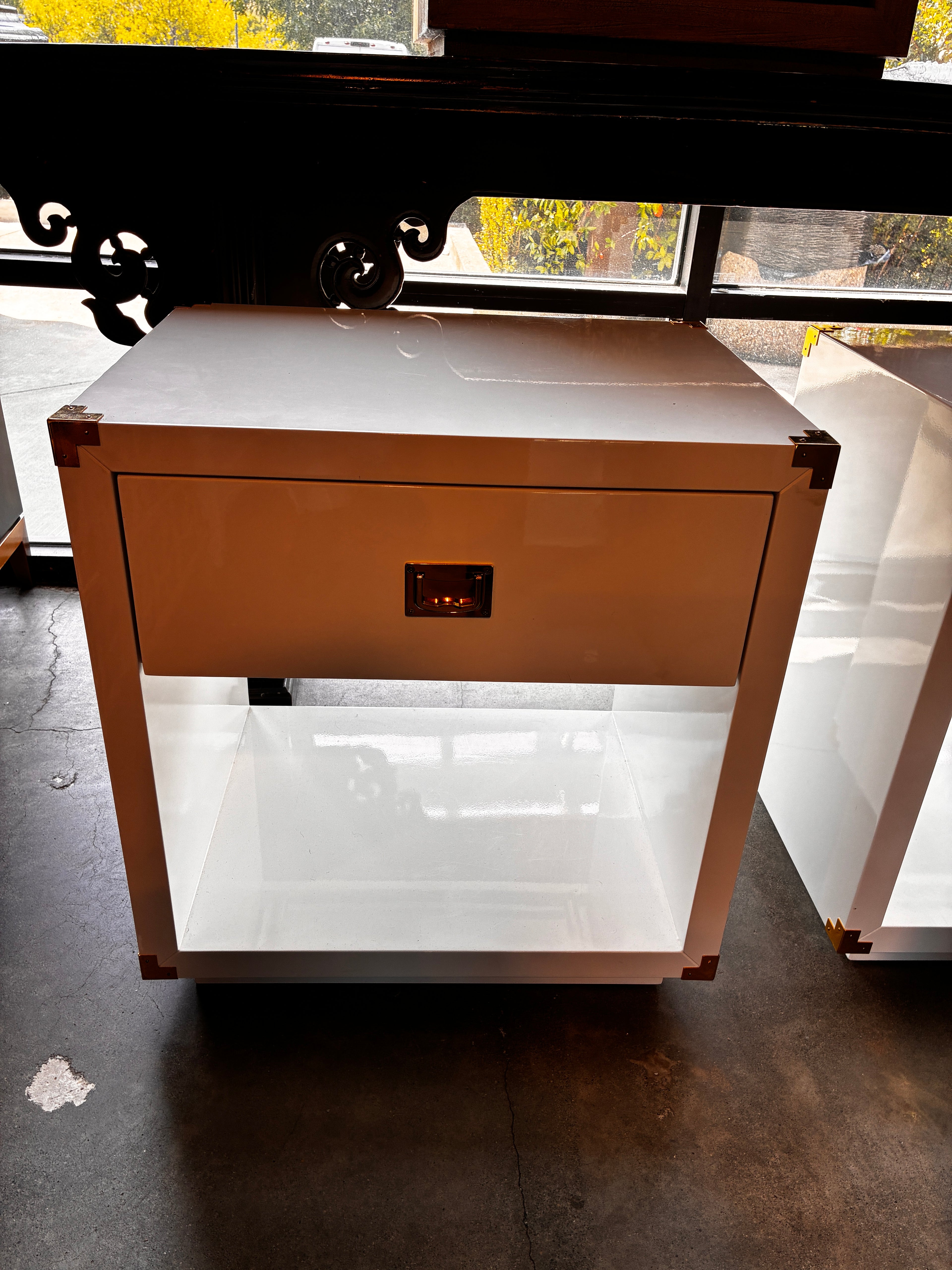White Lacquer Night Stands with Brass Trim