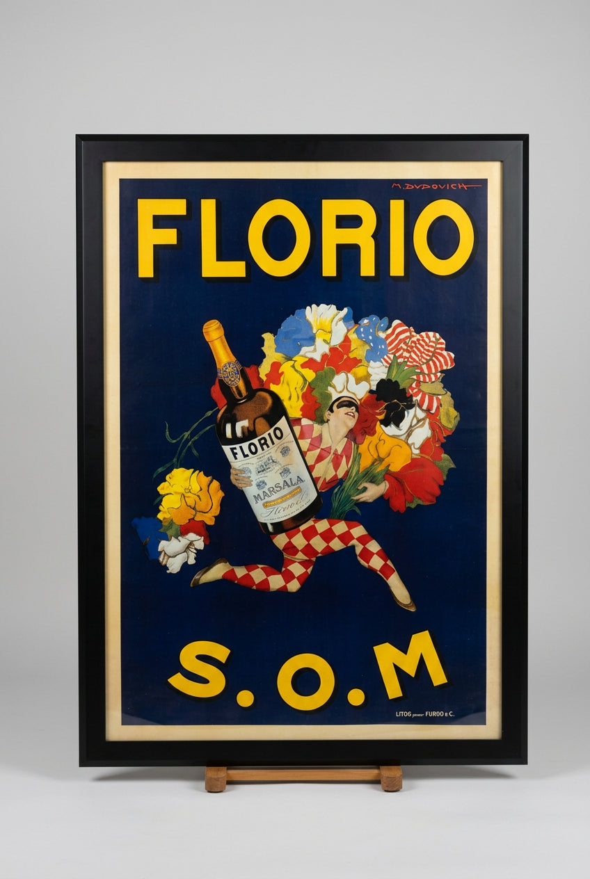 This large framed vintage advertising print is the iconic "Florio S.O.M." Marsala Wine poster 48x54