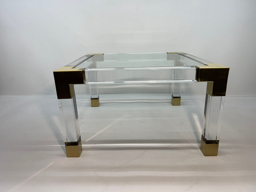 Jonathan Adler Jacques Clear Acrylic Table with Brushed Brass Corners