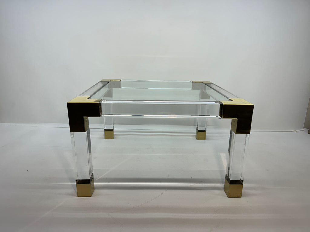 Jonathan Adler Jacques Clear Acrylic Table with Brushed Brass Corners