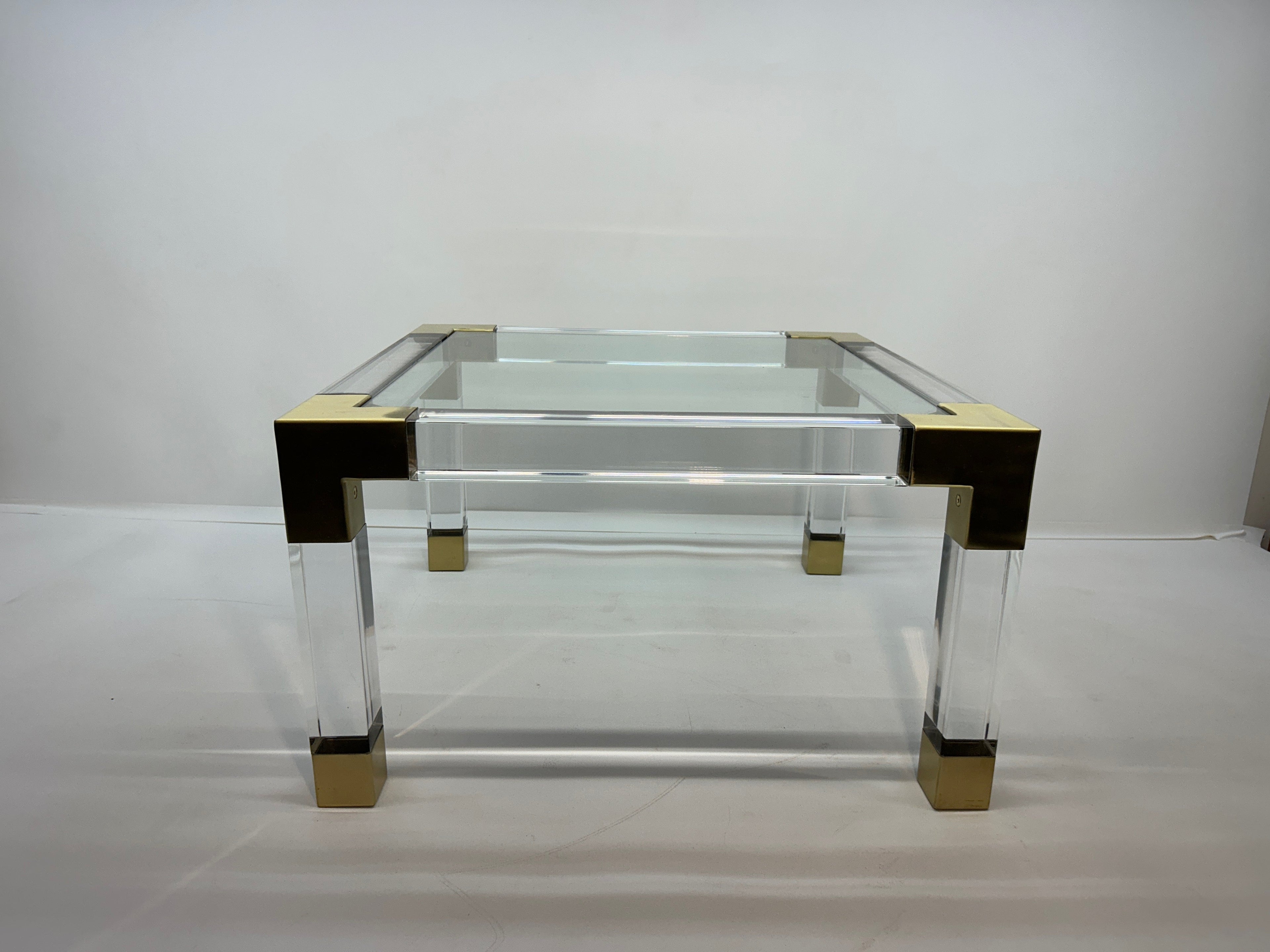 Jonathan Adler Jacques Clear Acrylic Table with Brushed Brass Corners