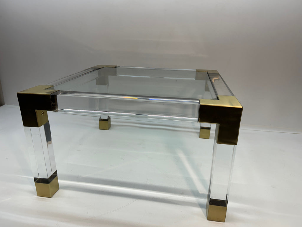 Jonathan Adler Jacques Clear Acrylic Table with Brushed Brass Corners