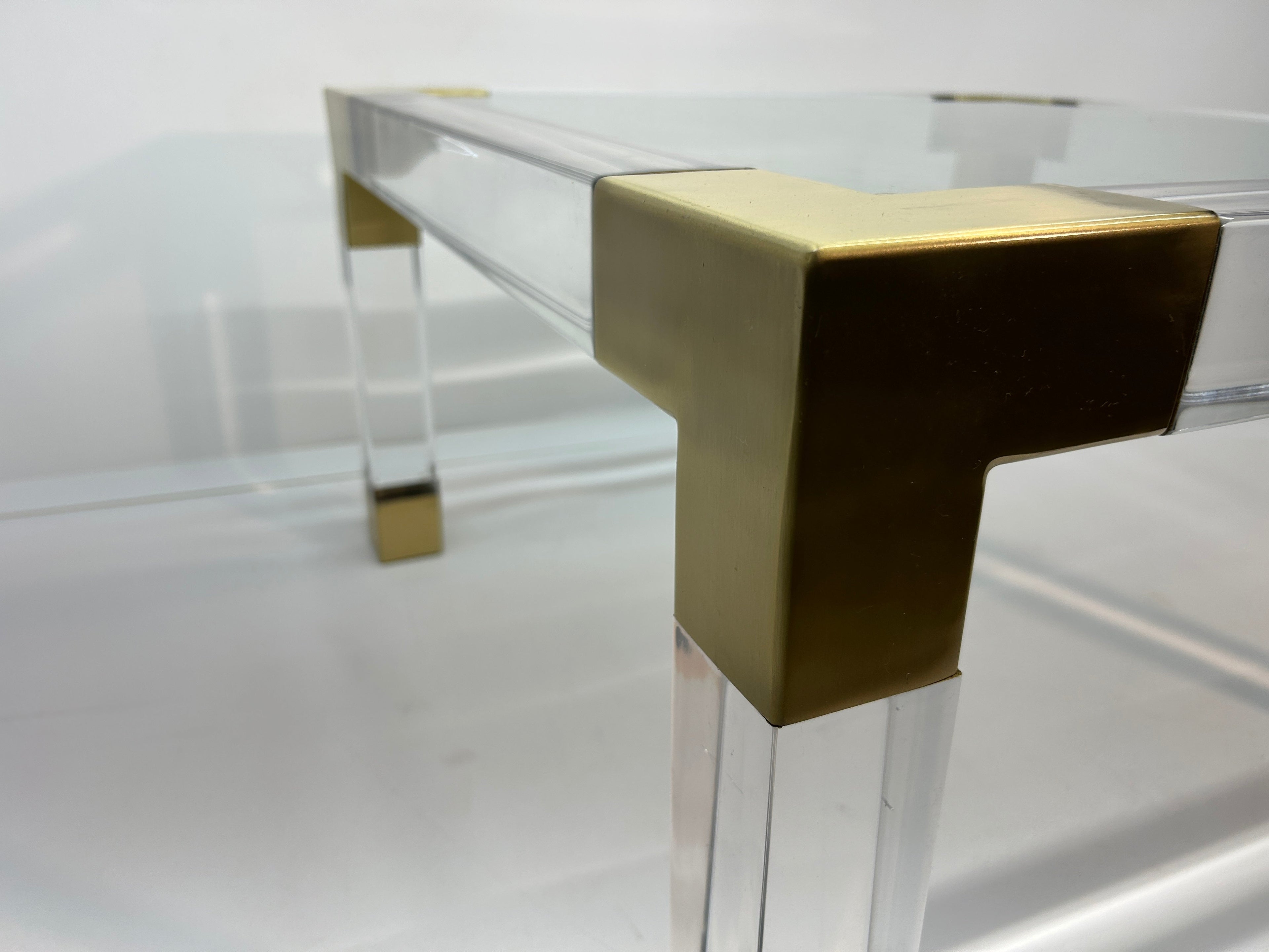 Jonathan Adler Jacques Clear Acrylic Table with Brushed Brass Corners