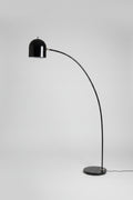 Mid-Century Modern style black metal arc floor lamp.