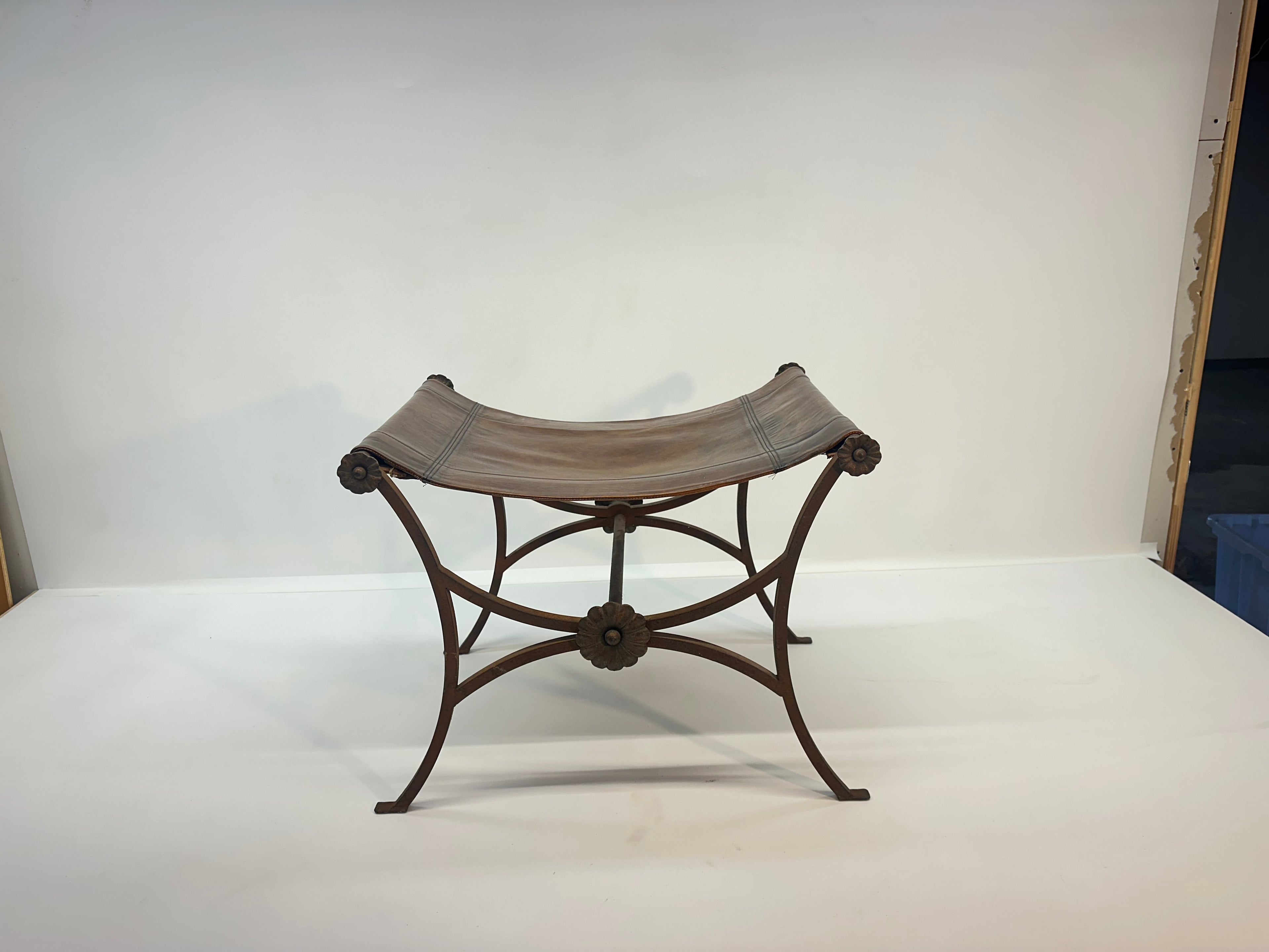 19th Century Antique Italian Leather and Wrought Iron Curule Stool